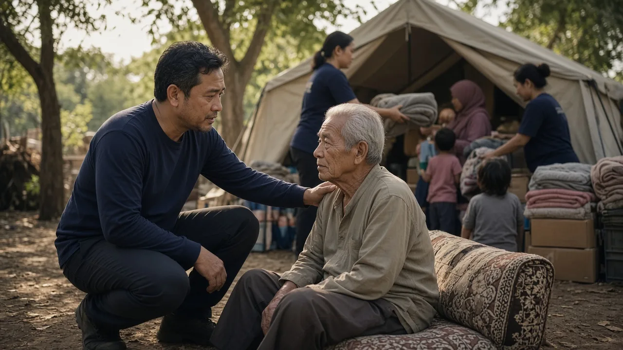 An aid worker kneels to comfort an elderly man at a relief camp