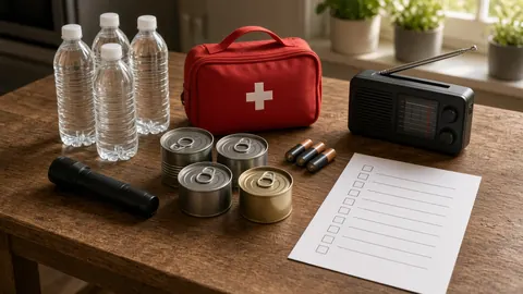 An emergency kit with water, canned food, a first aid bag, radio, flashlight and checklist