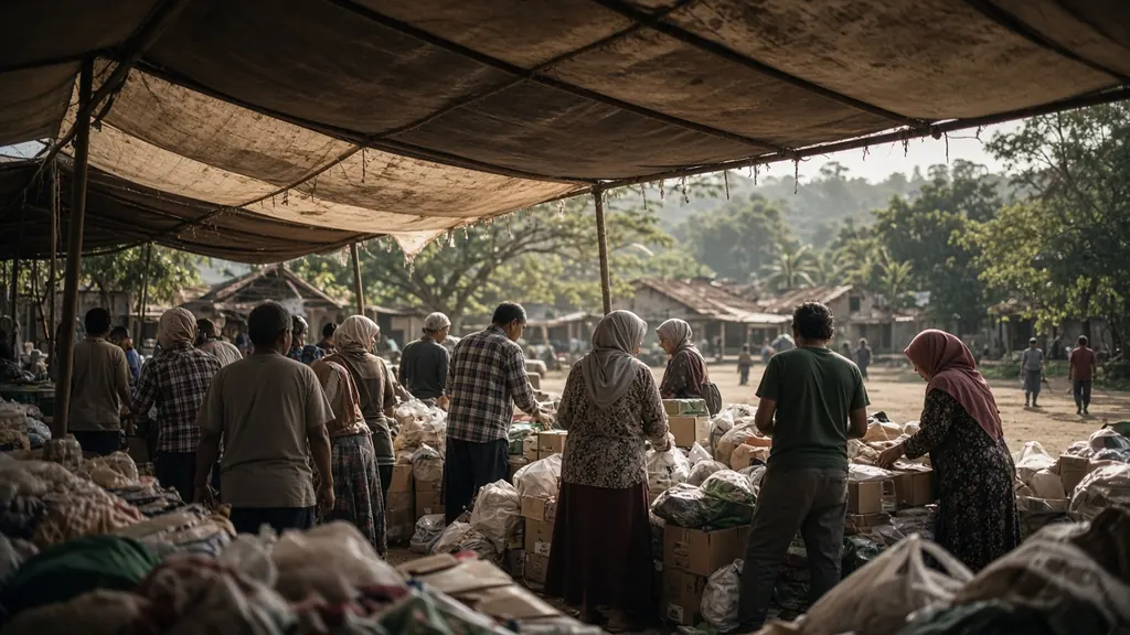 Volunteers organizing relief supplies inside a distribution tent