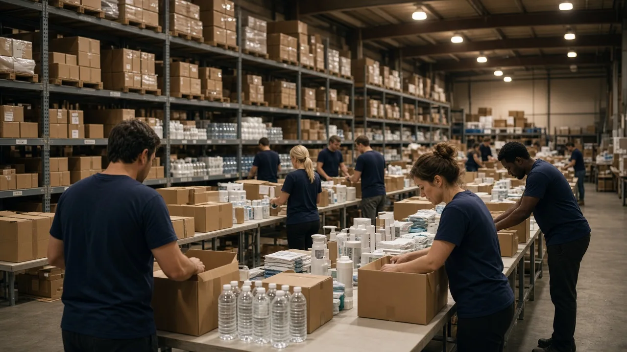 Volunteers packing relief supplies in a warehouse