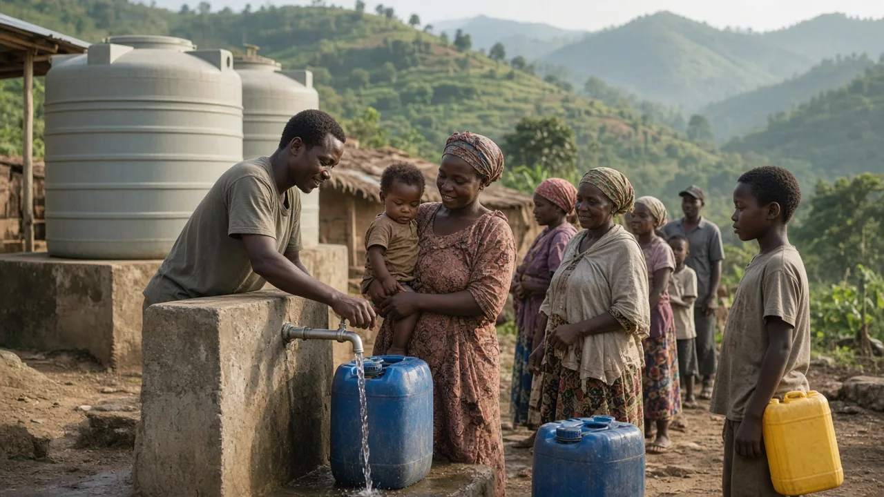 Community members collecting clean water at a relief water station